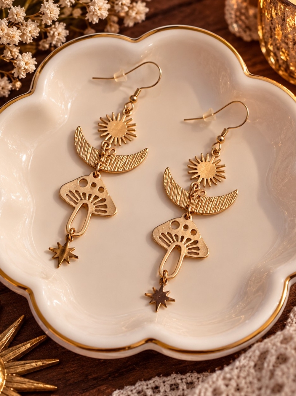 Celestial Gold Sun & Mushroom, Moon, Star Dangle Earrings — New